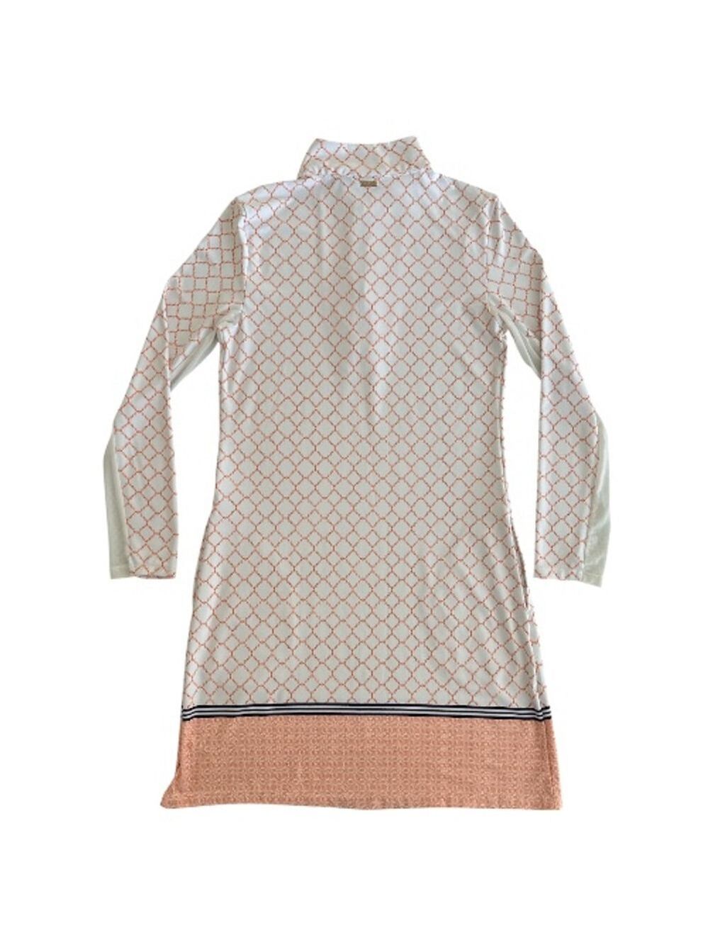 Cabana Life White Geometric Long Sleeve Beach Dress with Coral Hem - Picture 3 of 8